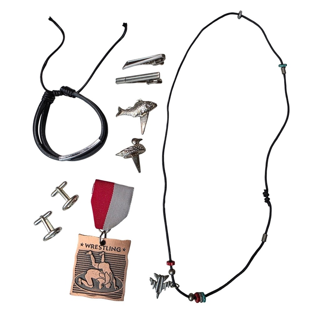 Mens Jewelry Lot Wrestling Medal Tie Clips Cufflinks Fighter Jet Necklace Pin k1